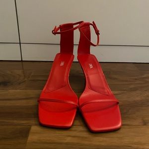 NEW Zara Red Kitten Heel Strappy Sandals - Size 38